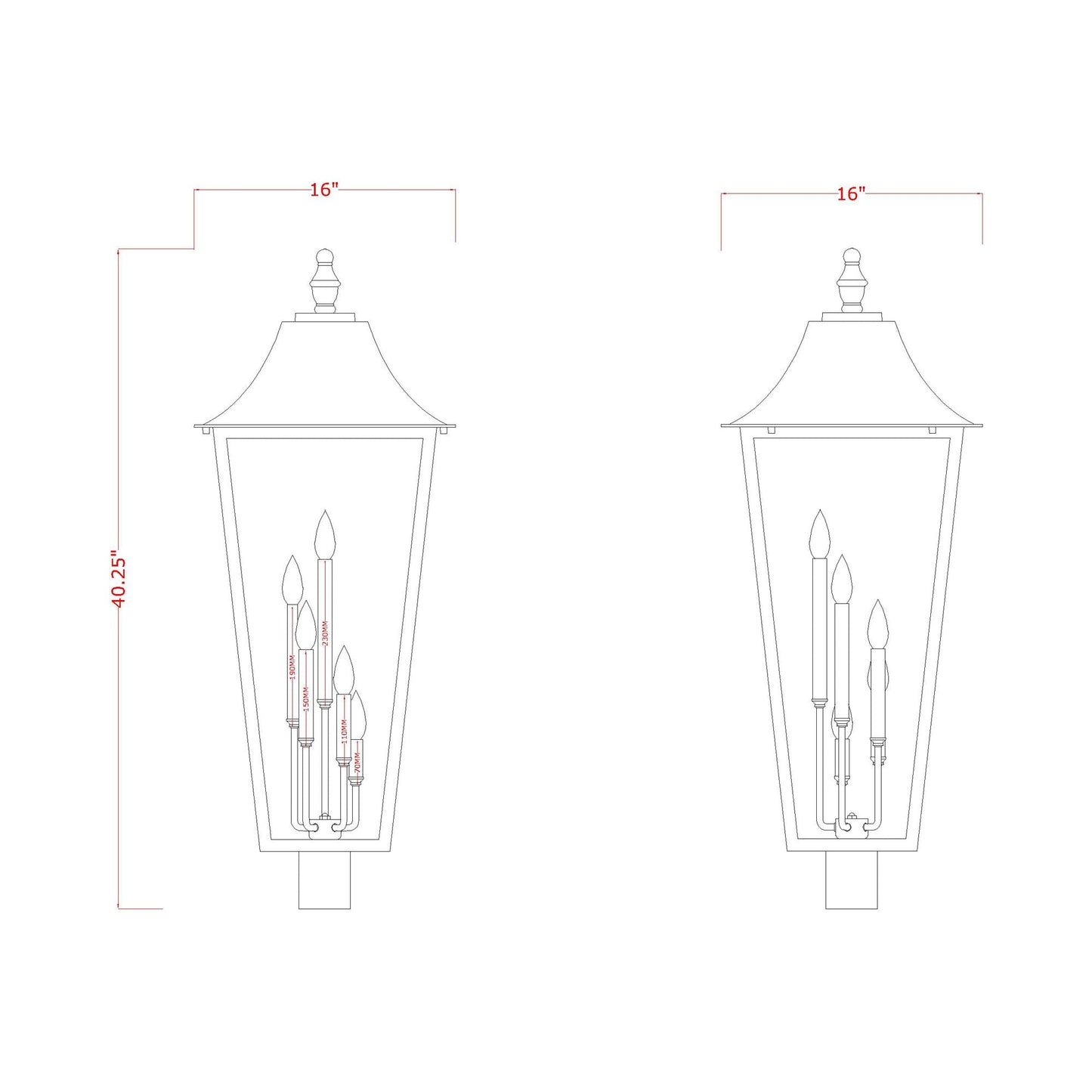 Gannon Outdoor Sloped Top Post Light - line drawing.