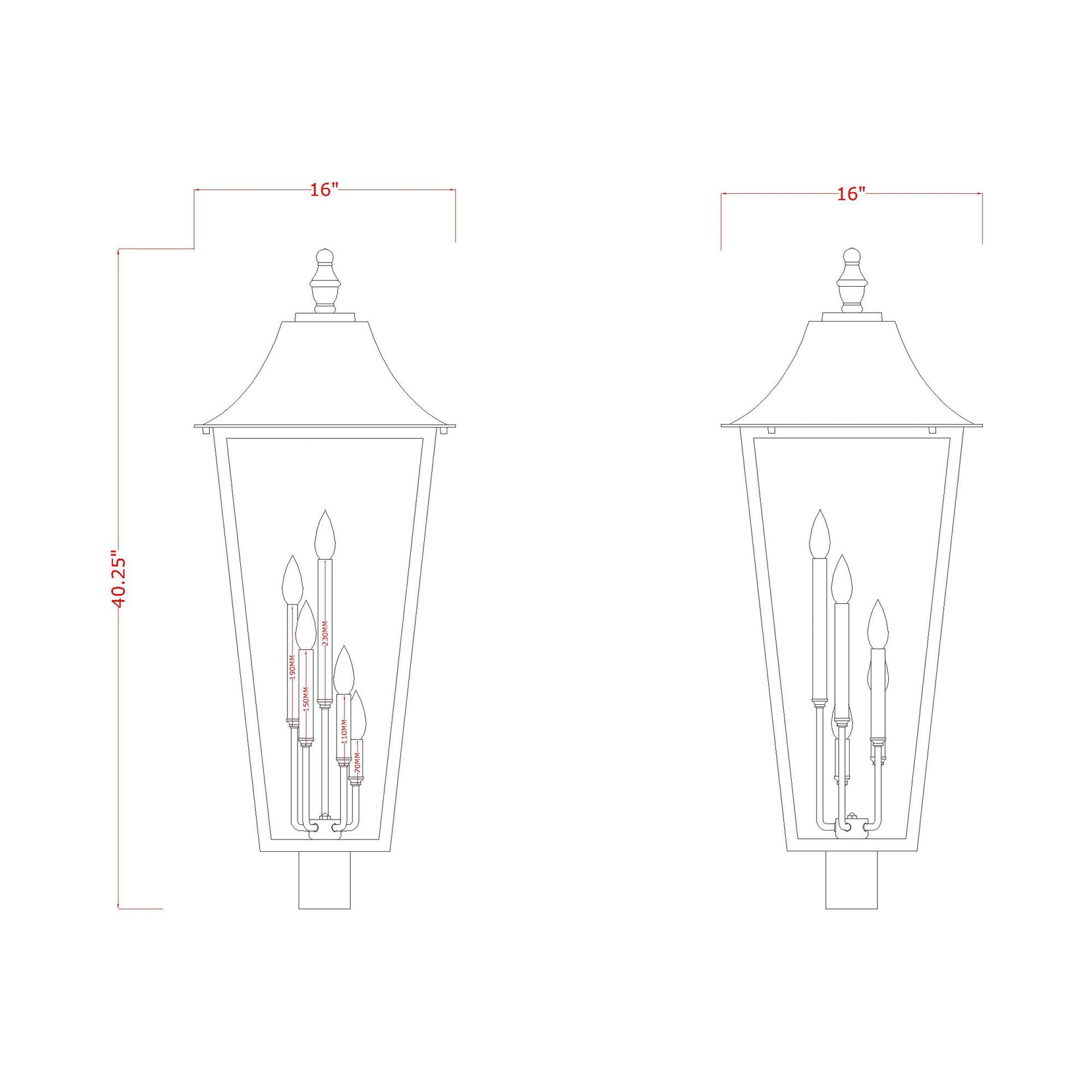 Gannon Outdoor Sloped Top Post Light - line drawing.