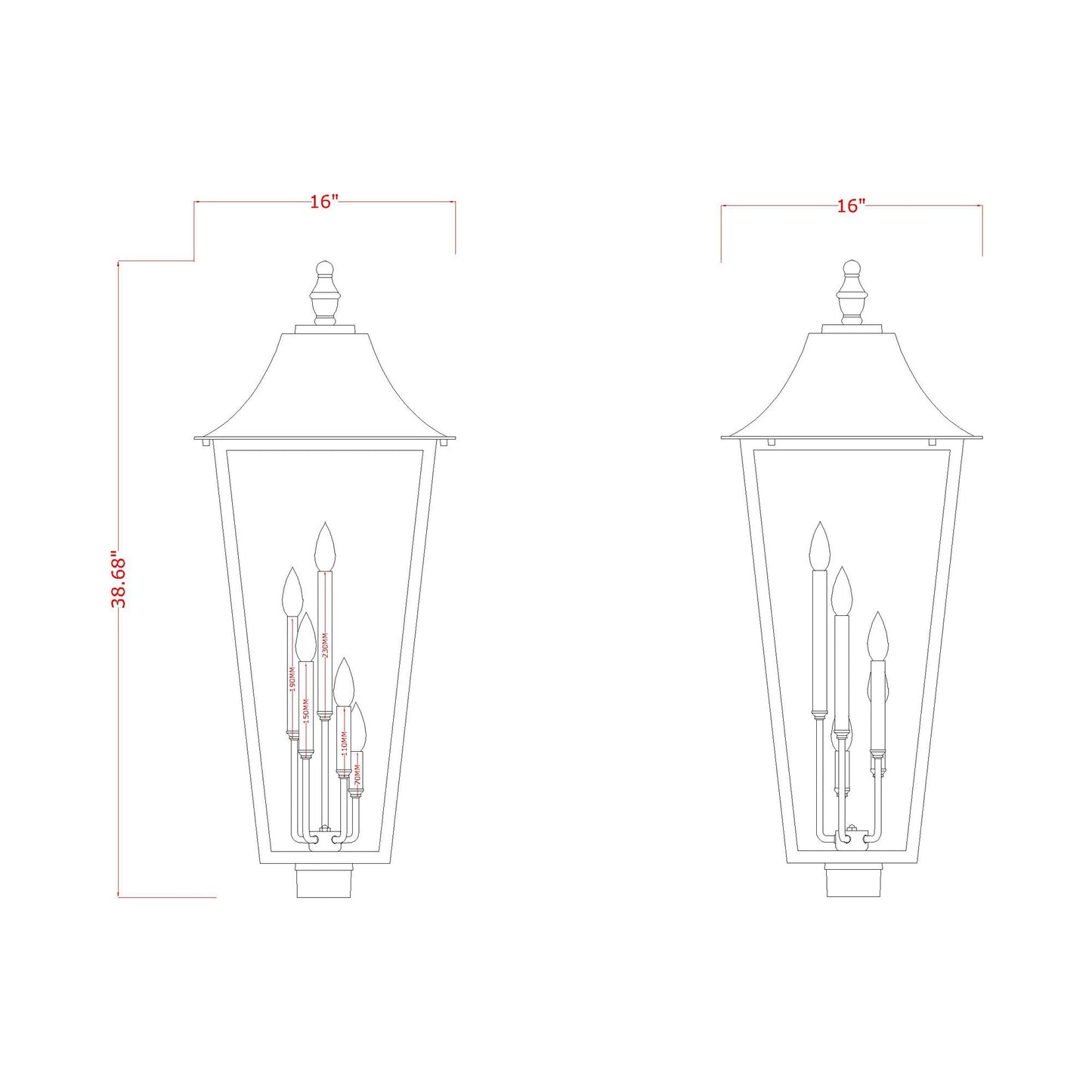 Gannon Outdoor Sloped Top Post Light - line drawing.