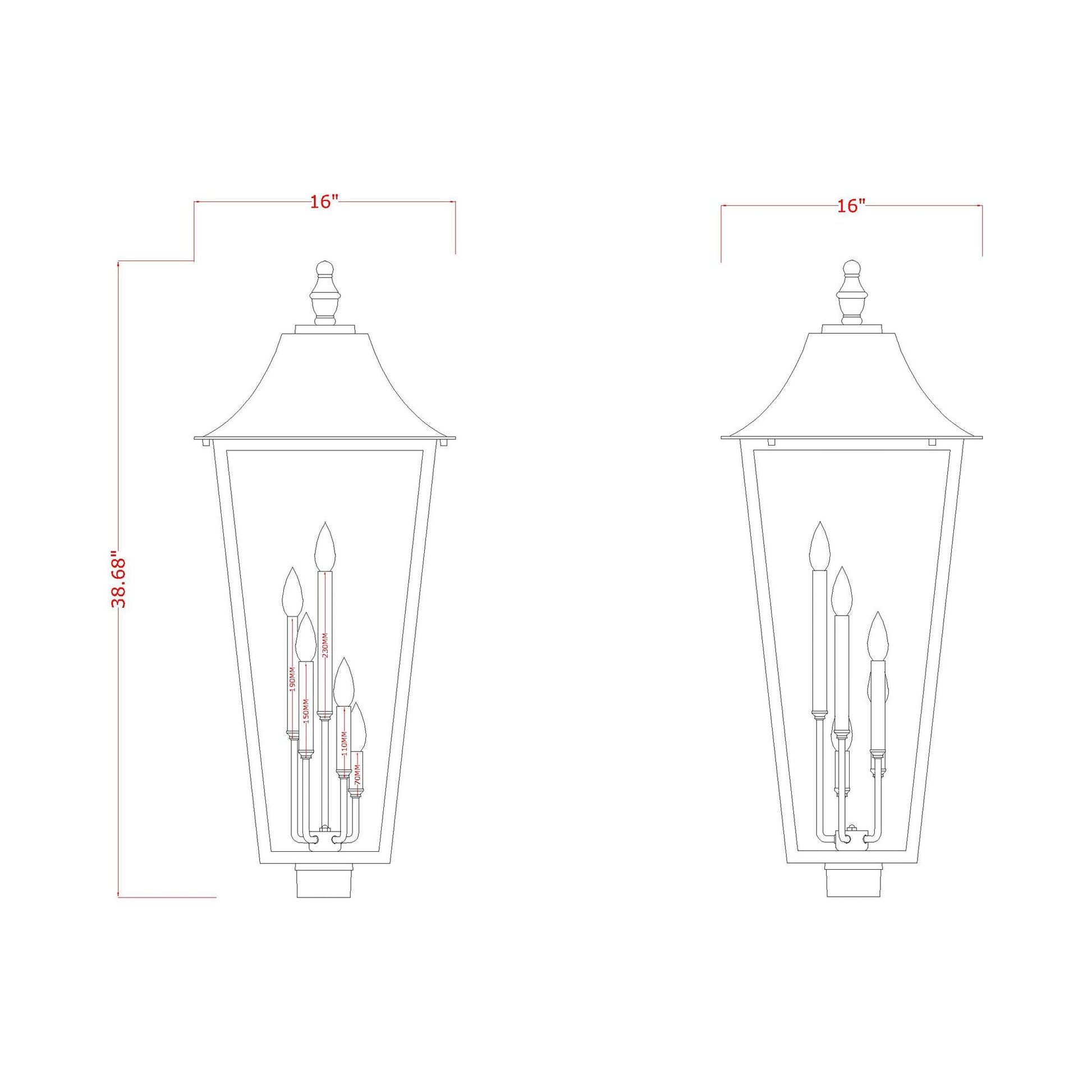 Gannon Outdoor Sloped Top Post Light - line drawing.