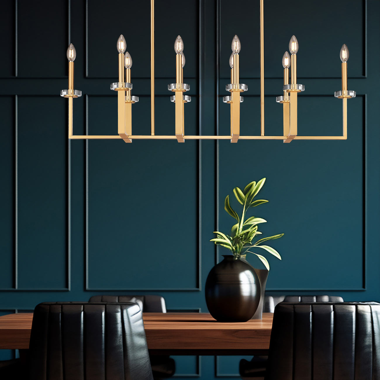Gaultier Linear Chandelier in dining room.