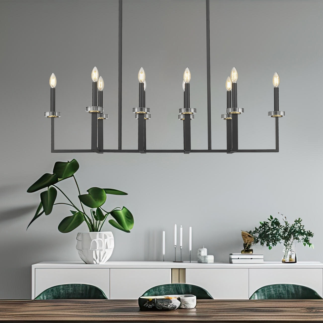 Gaultier Linear Chandelier in dining room.