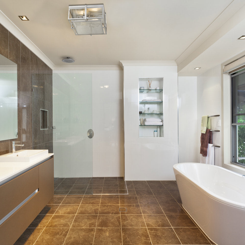 Halcyon Flush Mount Ceiling Light in bathroom.