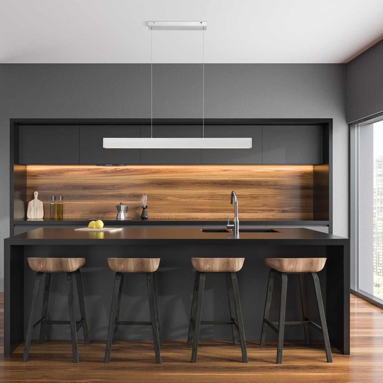 Hudson Linear LED Chandelier in kitchen.