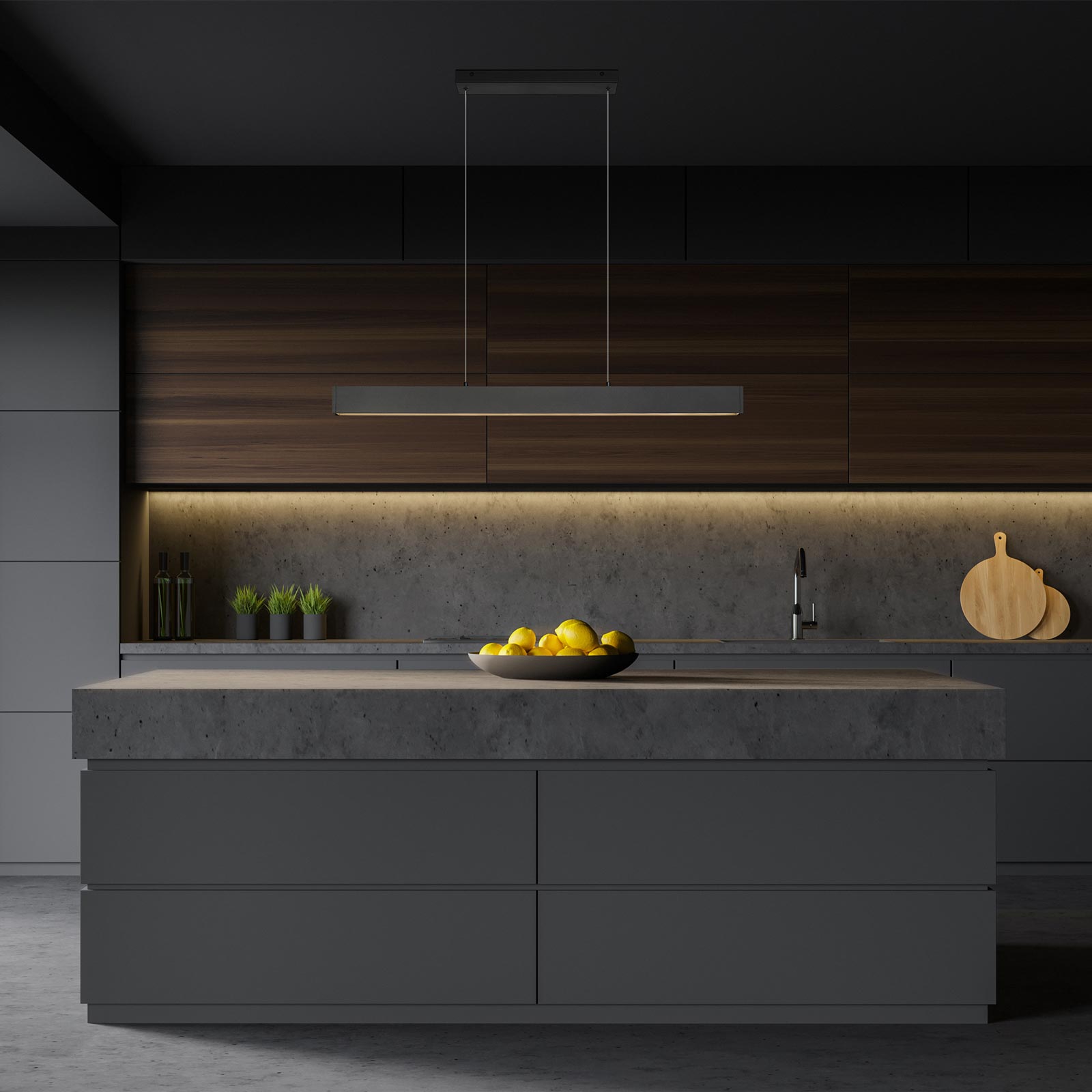 Hudson Linear LED Chandelier in kitchen.