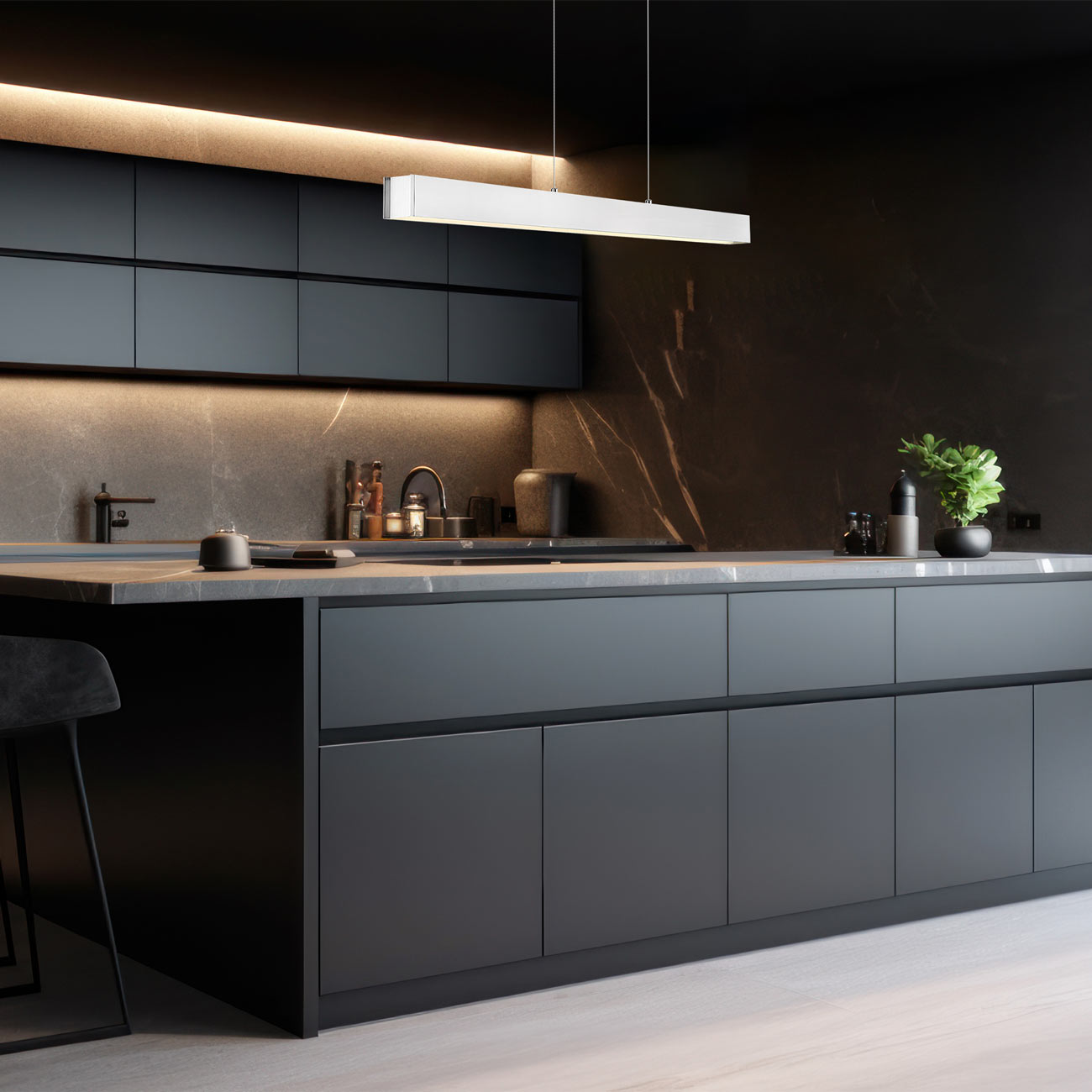 Hudson Linear LED Chandelier in kitchen.