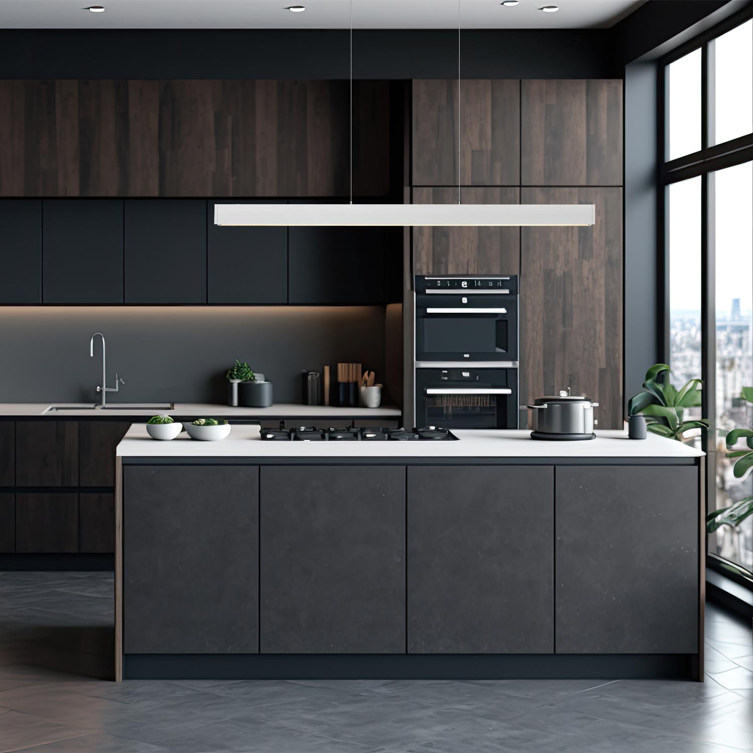 Hudson Linear LED Chandelier in kitchen.