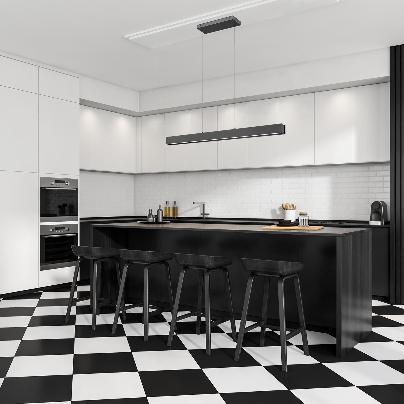 Hudson Linear LED Chandelier in kitchen.