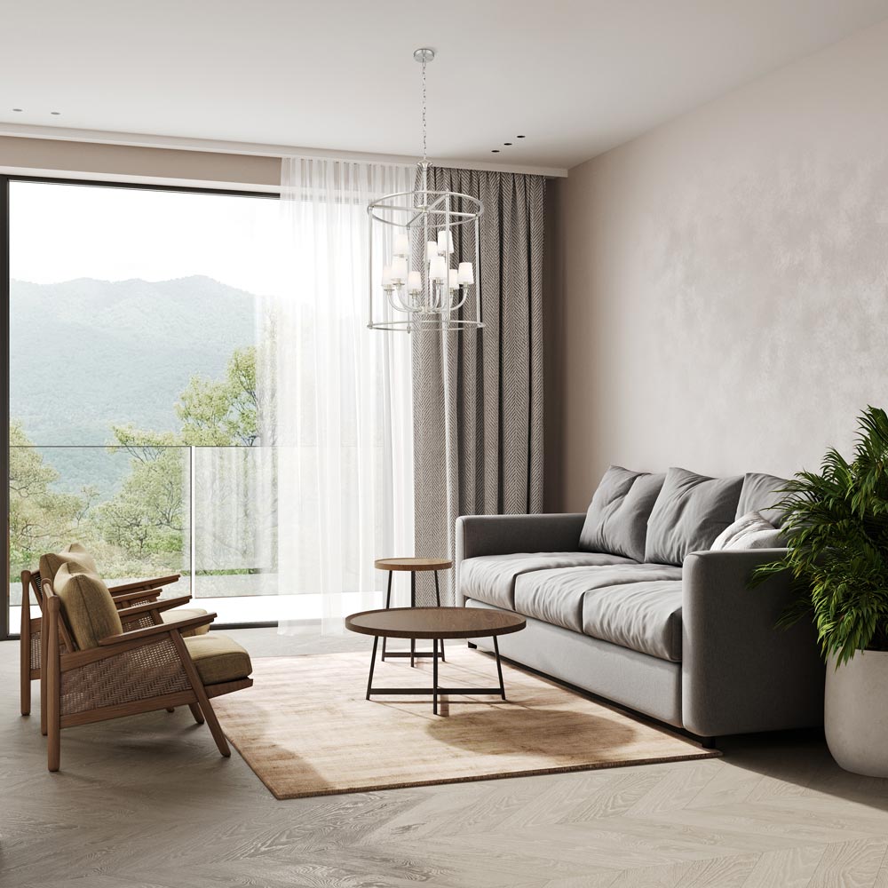 Katerina Cage Chandelier in living room.