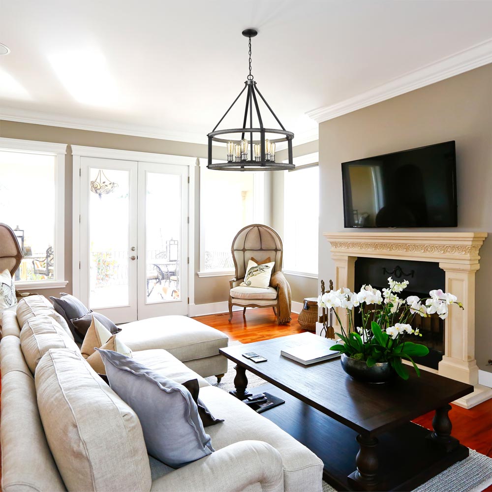 Kirkland Chandelier in living room.