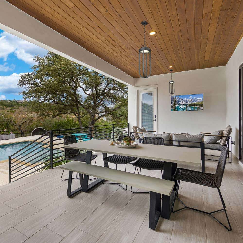 Leland Outdoor LED Pendant Light in Outside Area.