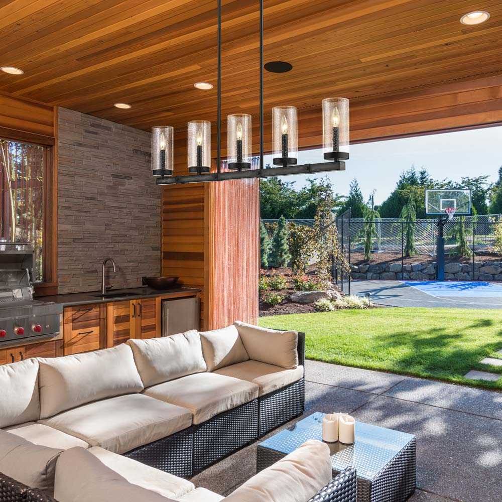 Marlow Outdoor Linear Chandelier in Outside Area.