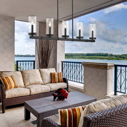 Marlow Outdoor Linear Chandelier in Outside Area.