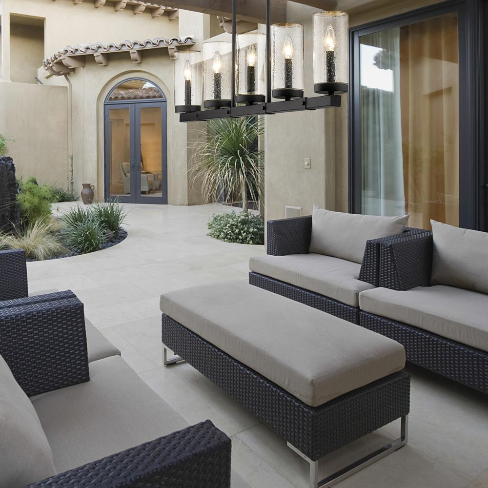 Marlow Outdoor Linear Chandelier in Outside Area.