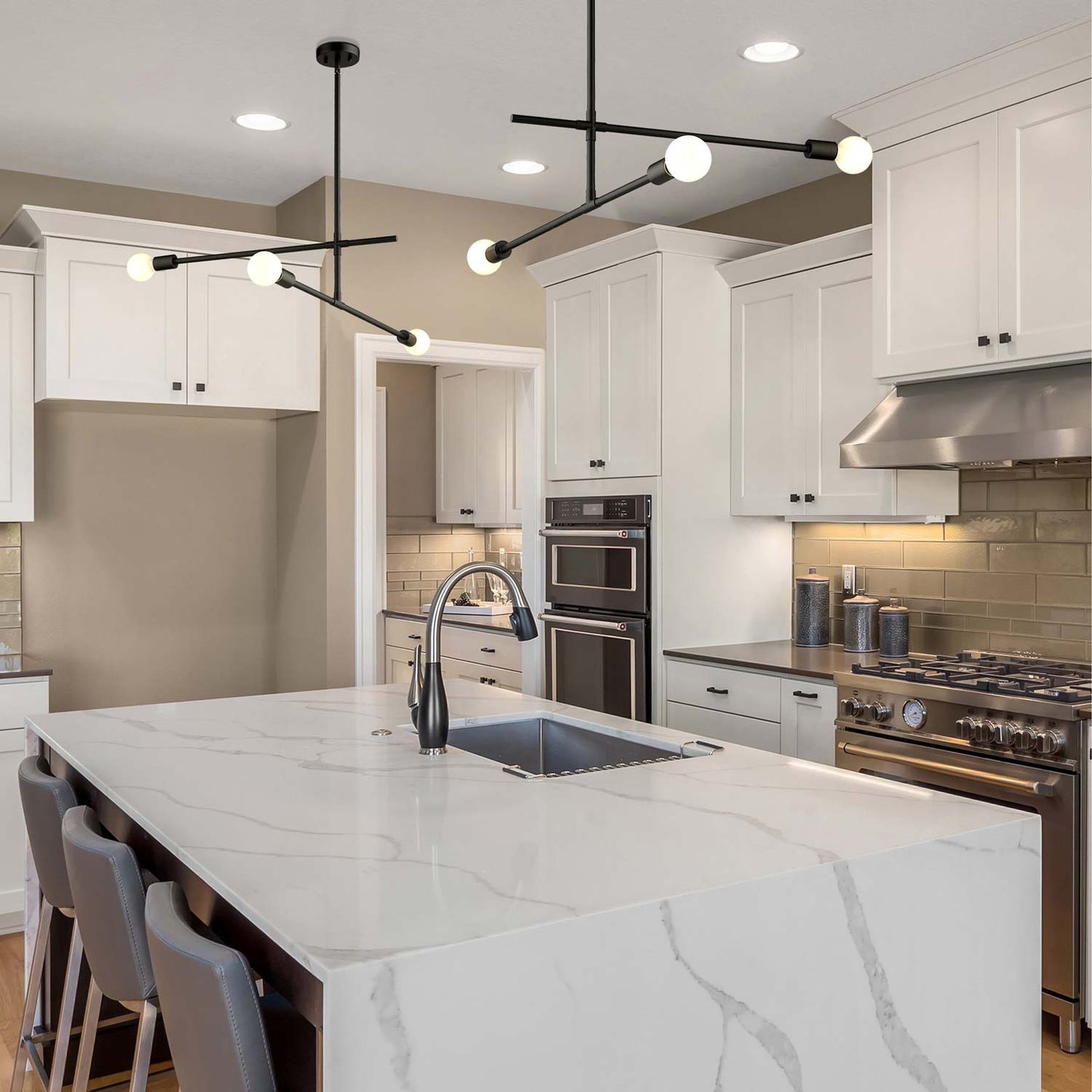 Modernist Chandelier in kitchen.
