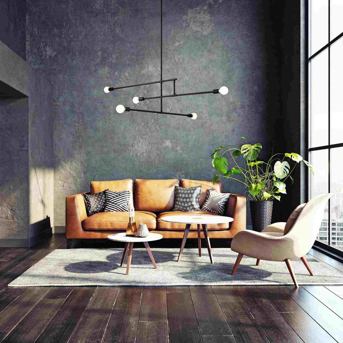 Modernist Chandelier in living room.