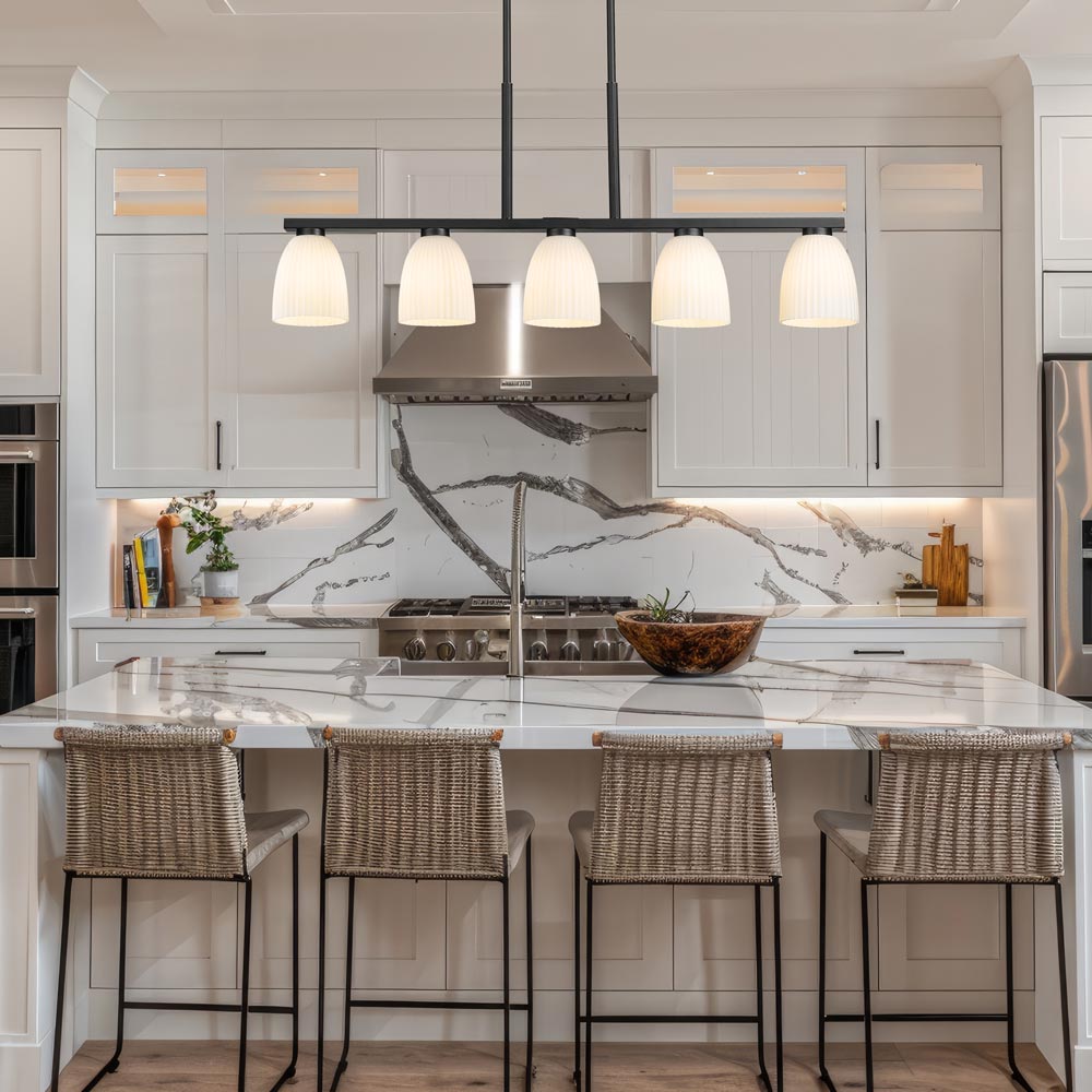 Naya Linear Chandelier in kitchen.