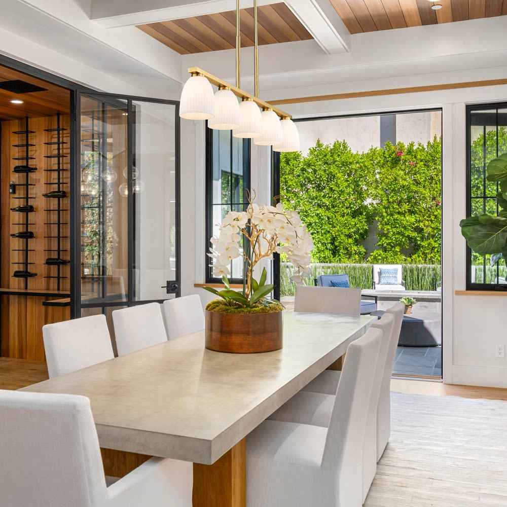 Naya Linear Chandelier in dining room.