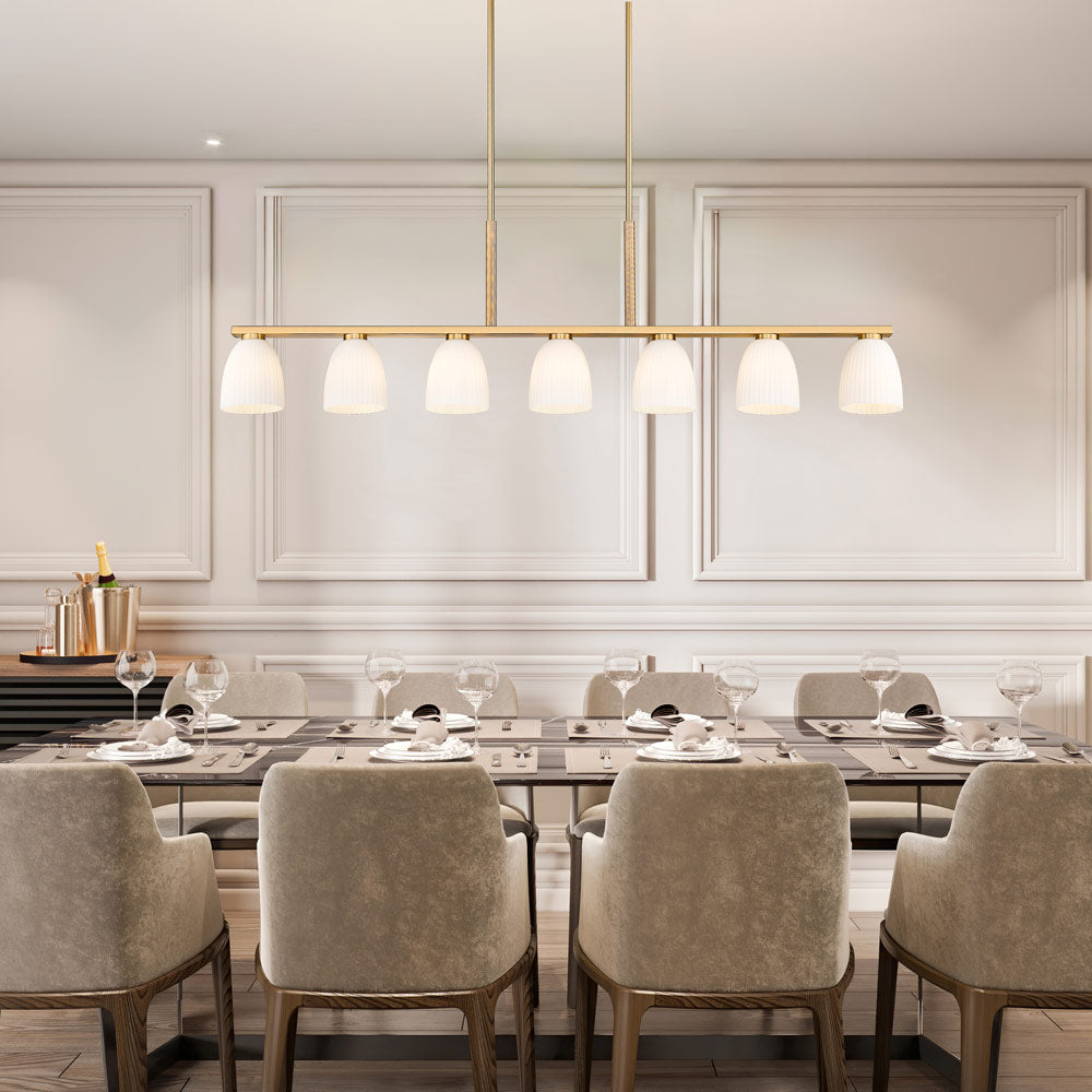 Naya Linear Chandelier in dining room.