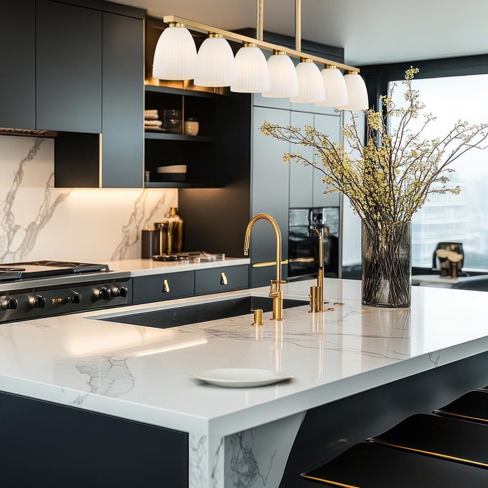 Naya Linear Chandelier in kitchen.