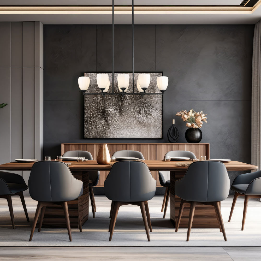 Oren Linear Chandelier in dining room.