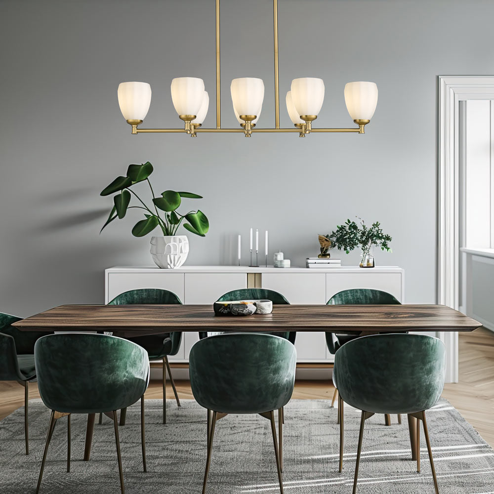Oren Linear Chandelier in dining room.