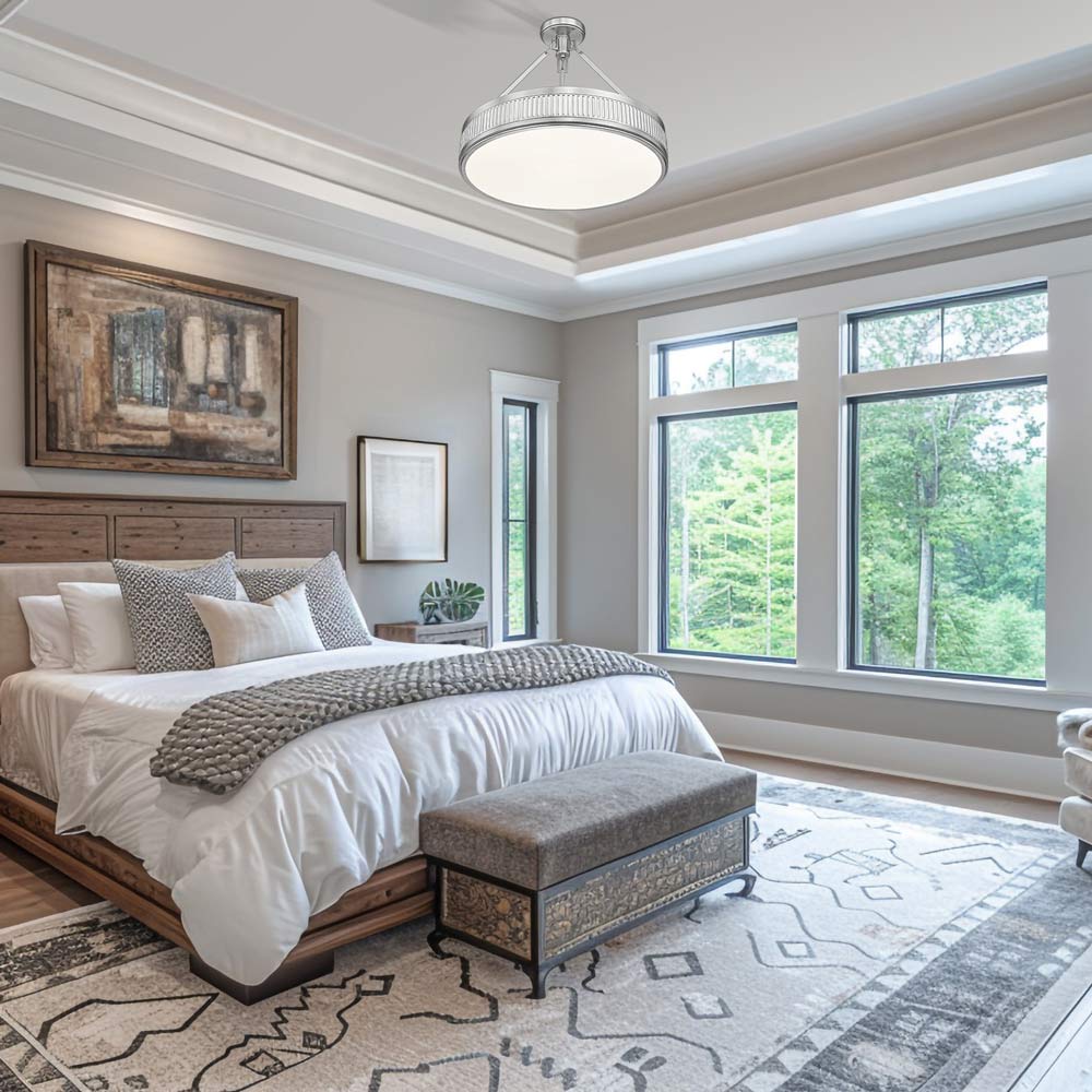 Quinn LED Semi Flush Mount Ceiling Light in bedroom.