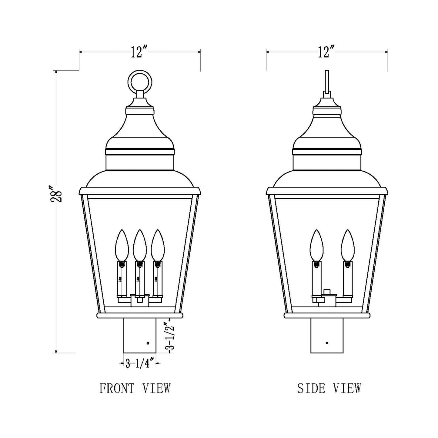 Raphael Outdoor Post Mount Light - line drawing.