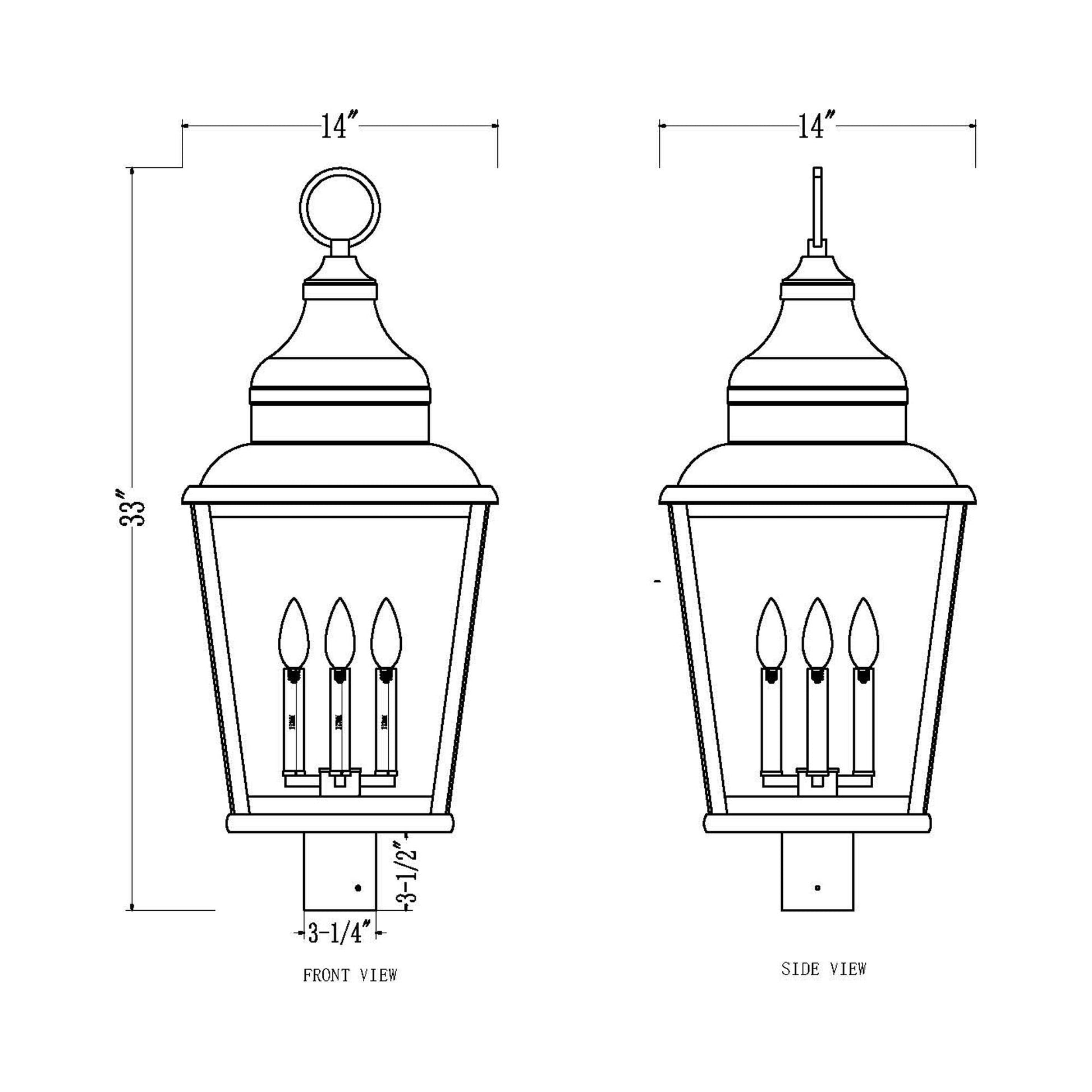 Raphael Outdoor Post Mount Light - line drawing.
