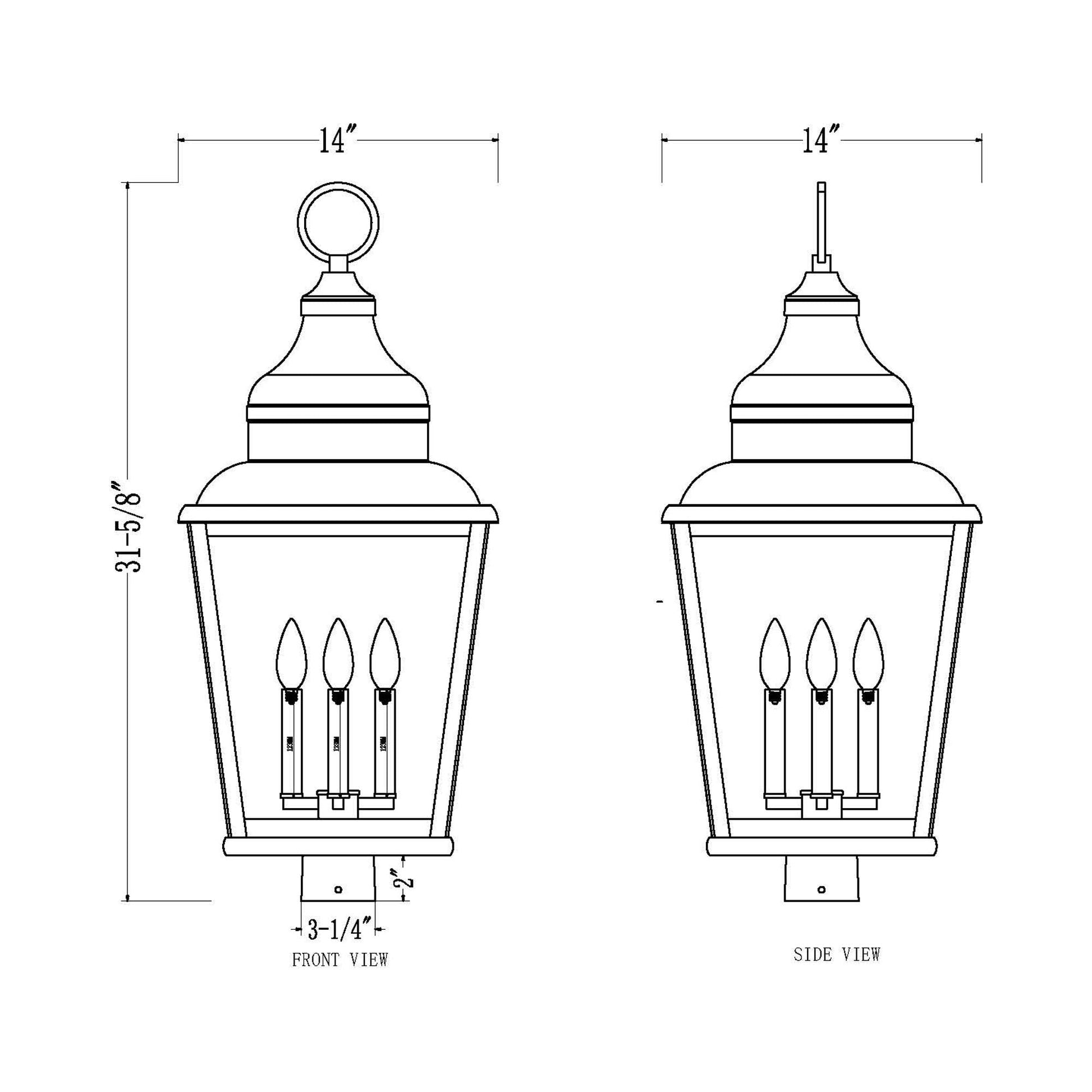 Raphael Outdoor Post Mount Light - line drawing.