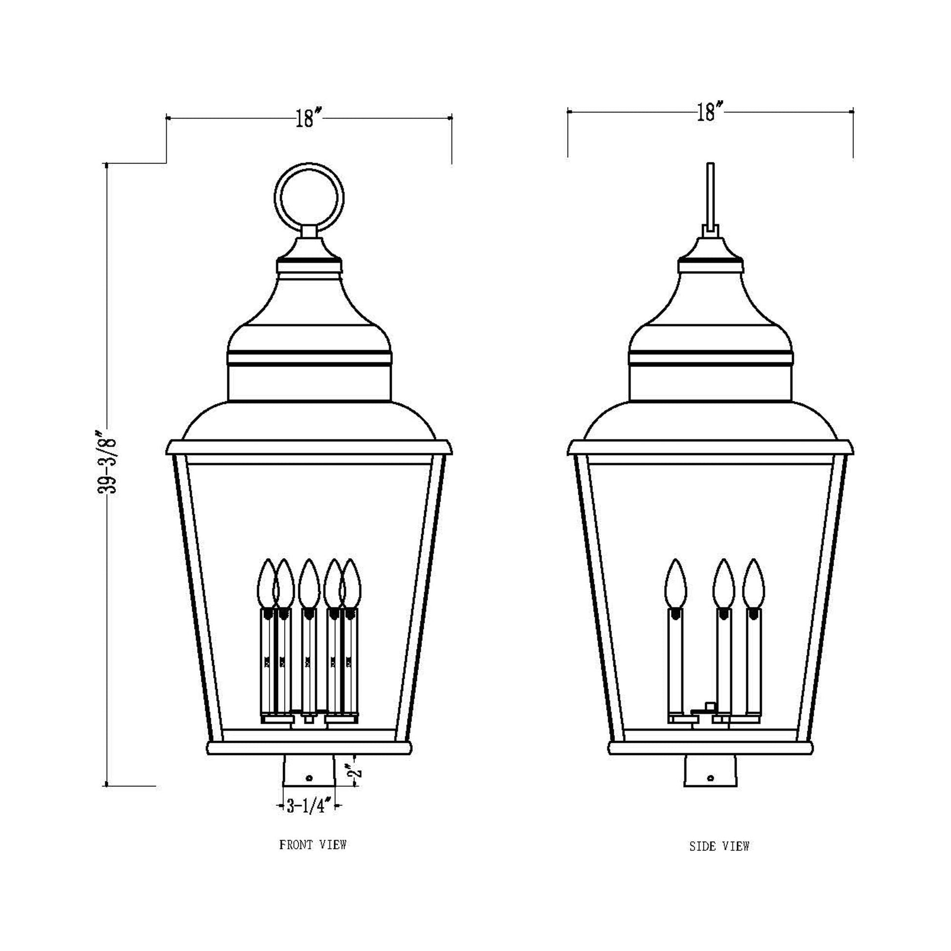 Raphael Outdoor Post Mount Light - line drawing.