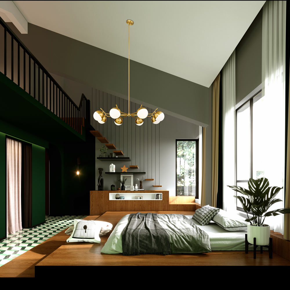 Realm Sphere Chandelier in bedroom.