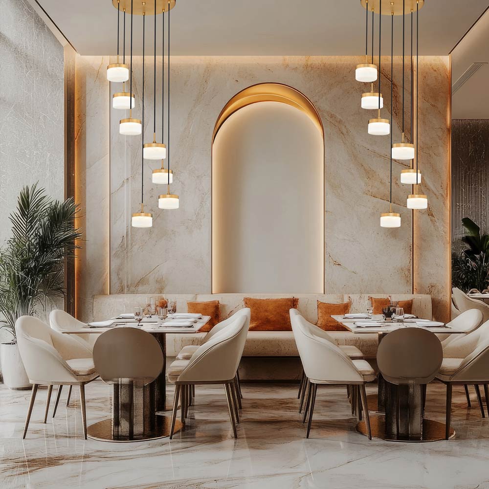 Renaud LED Chandelier in restaurant.