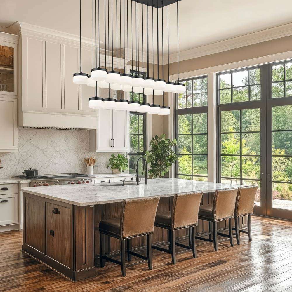 Renaud Linear LED Chandelier in kitchen.