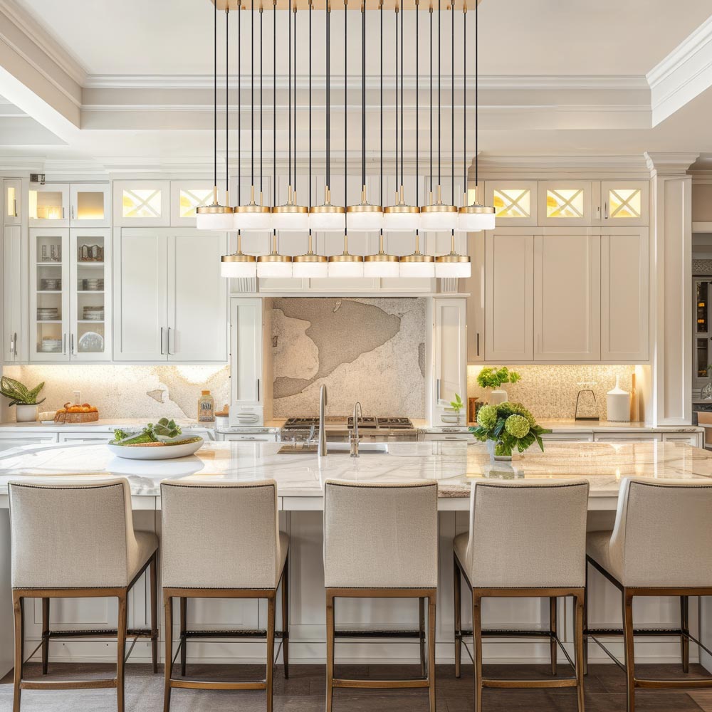 Renaud Linear LED Chandelier in kitchen.