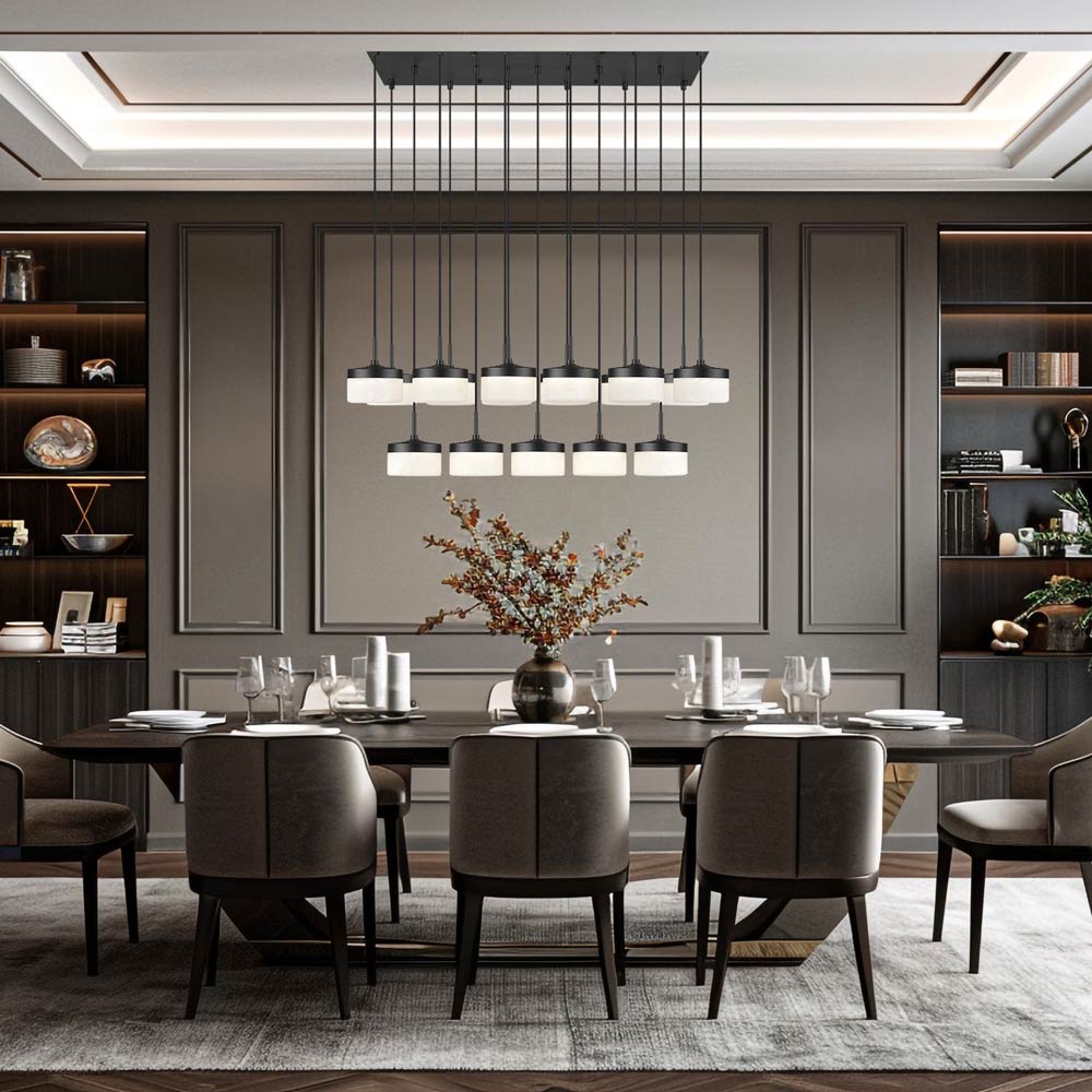 Renaud Linear LED Chandelier in dining room.