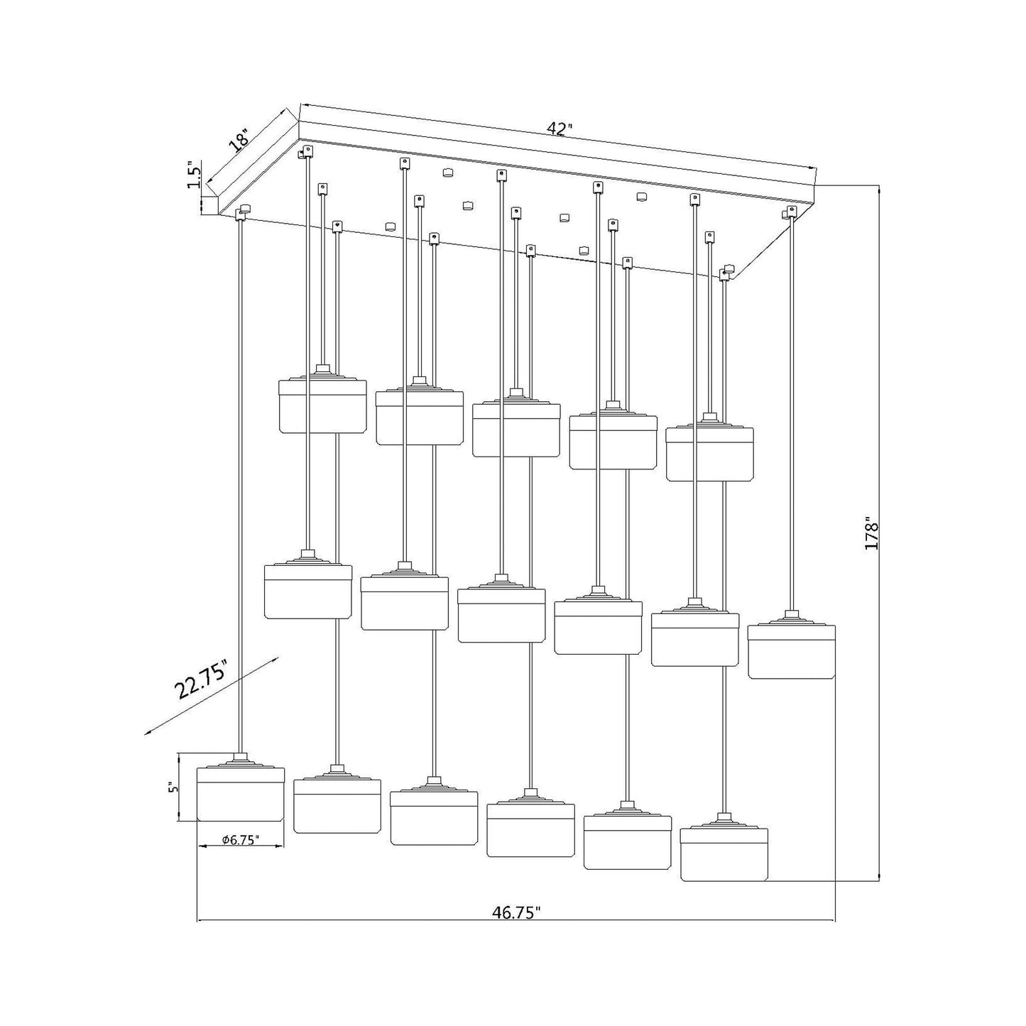 Renaud Linear LED Chandelier - line drawing.