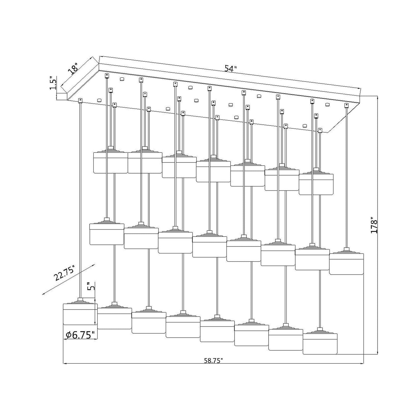 Renaud Linear LED Chandelier - line drawing.