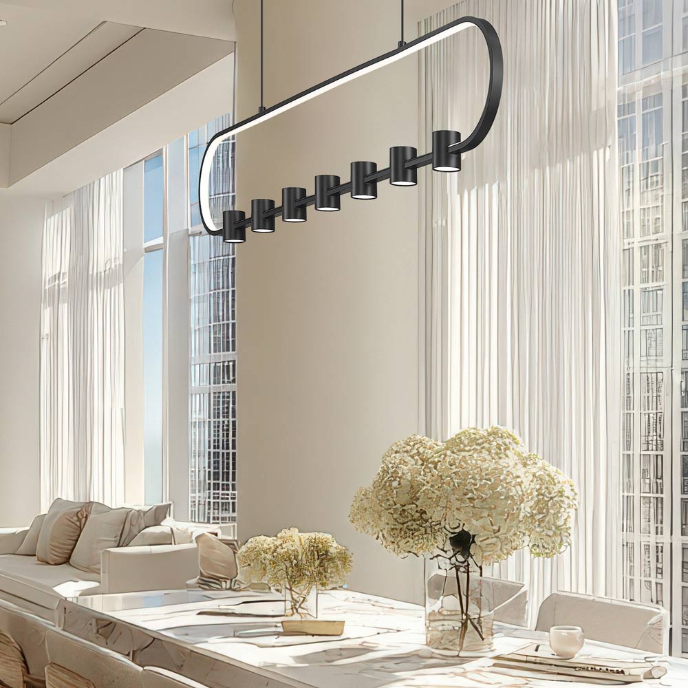 Saros Linear LED Chandelier in living room.