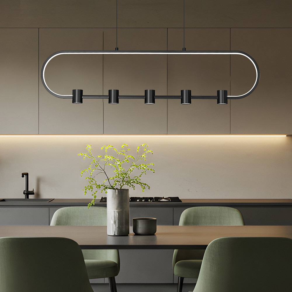 Saros Linear LED Chandelier in dining room.