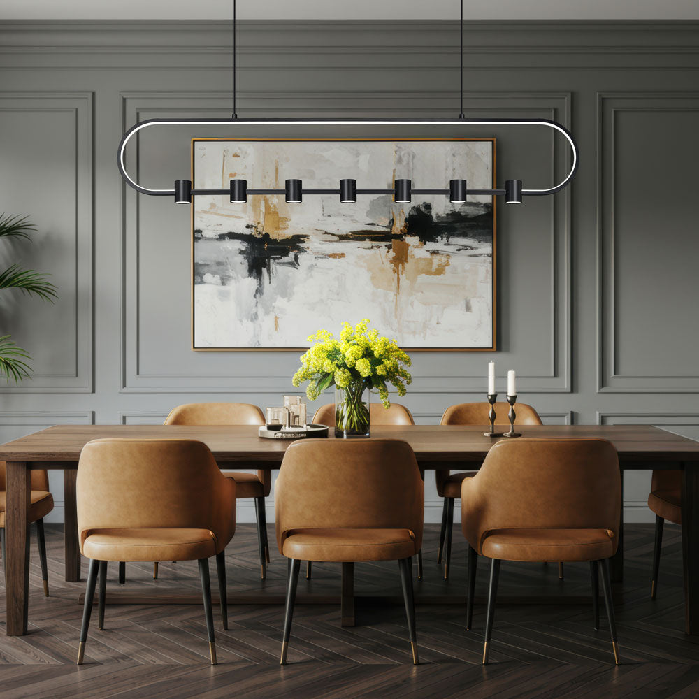 Saros Linear LED Chandelier in dining room.