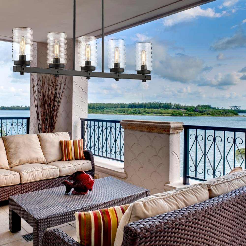 Tahoe Outdoor Linear Chandelier in living room.