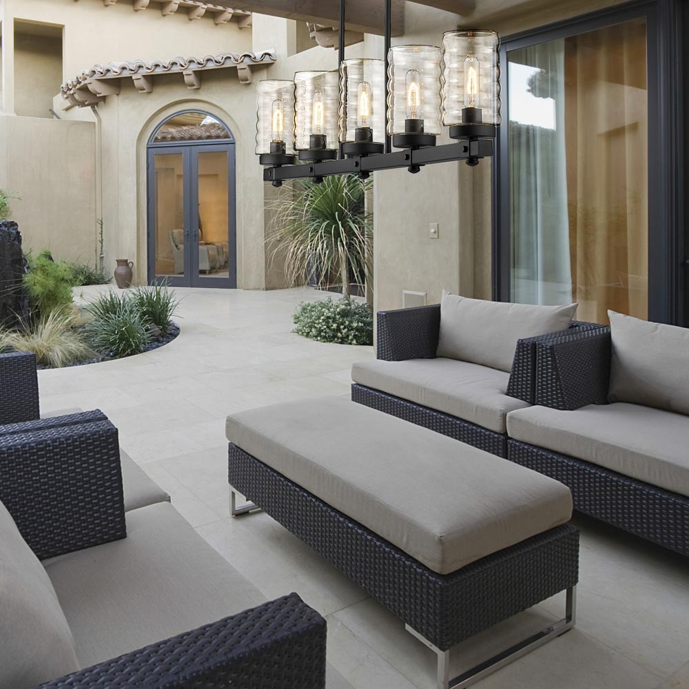Tahoe Outdoor Linear Chandelier in living room.
