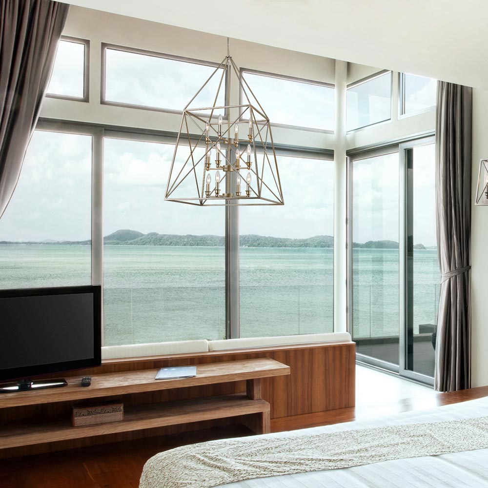 Trestle Chandelier in bedroom.