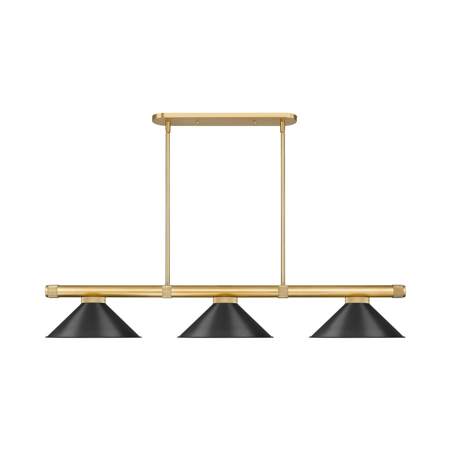 Vanguard 3050-15 Cone Billiard Pendant Light in Rubbed Brass/Matte Black.