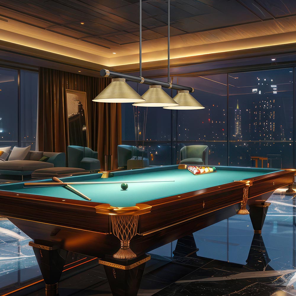 Vanguard 3050-15 Cone Billiard Pendant Light in game room.