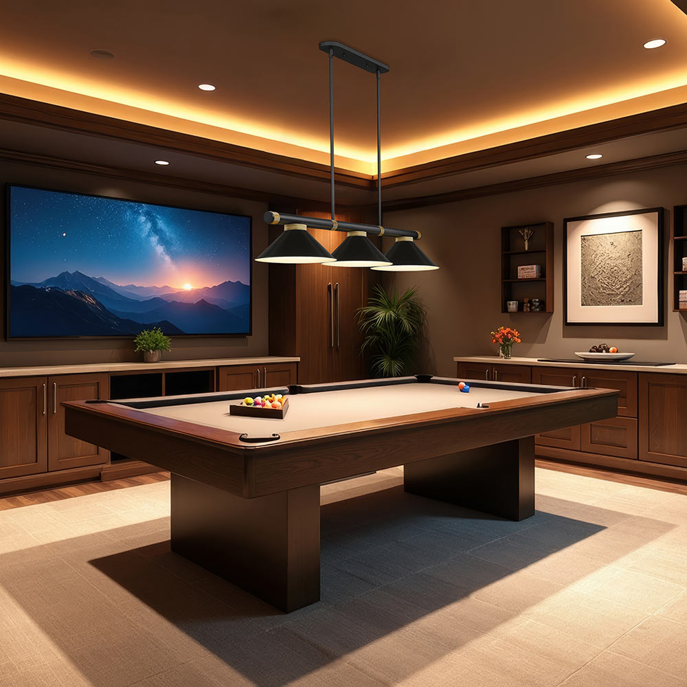 Vanguard 3050-15 Cone Billiard Pendant Light in game room.