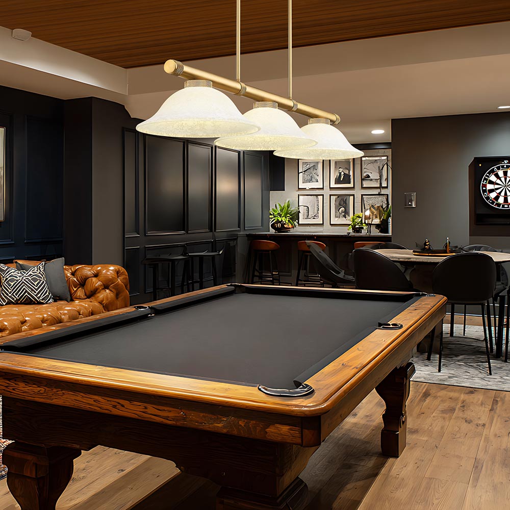 Vanguard Bowl Billiard Pendant Light in game room.