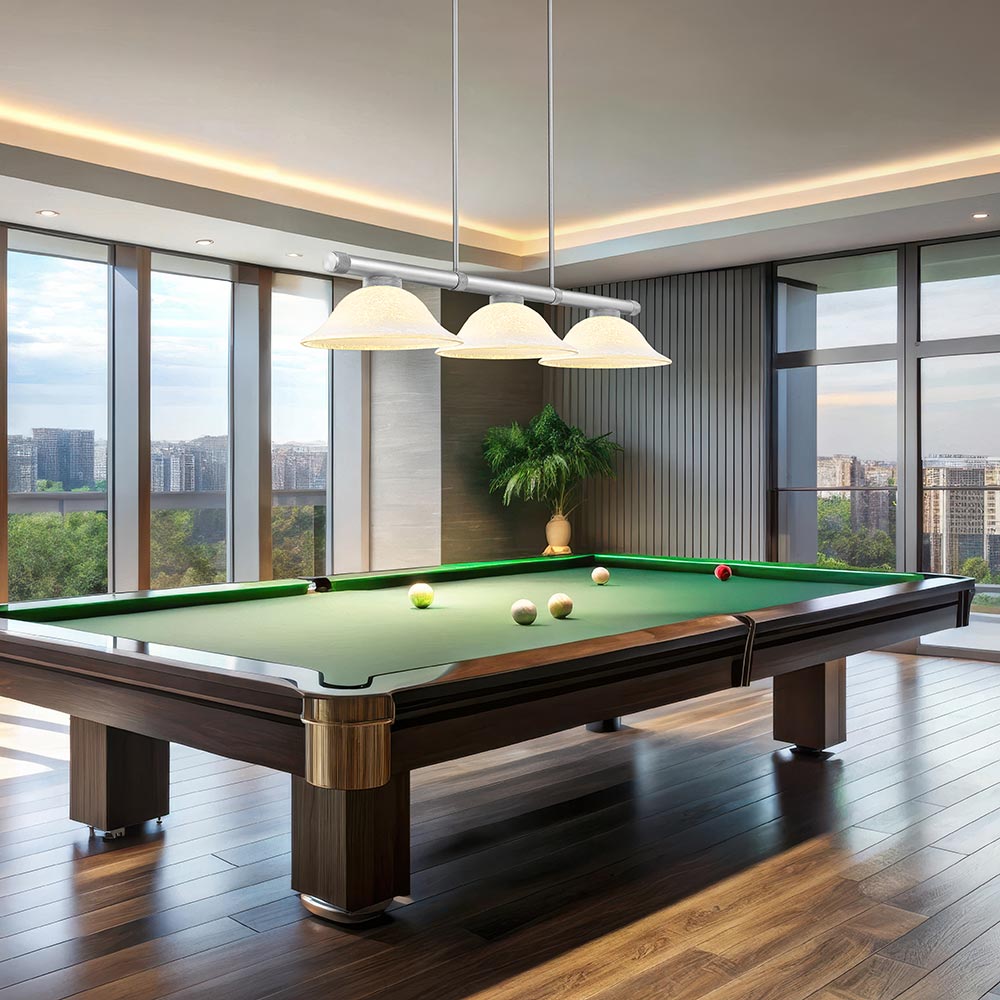 Vanguard Bowl Billiard Pendant Light in game room.