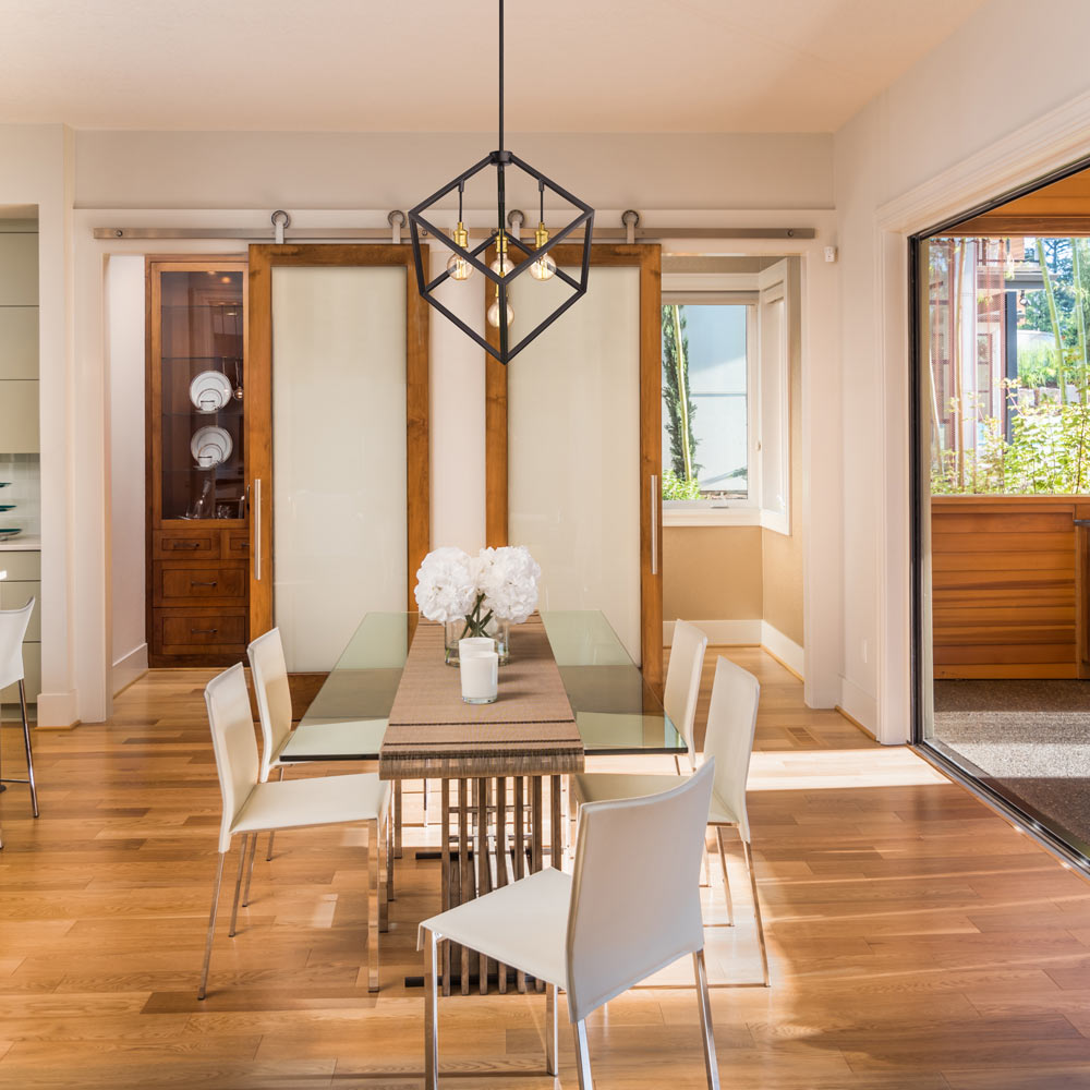 Vertical Cube Chandelier in dining room.